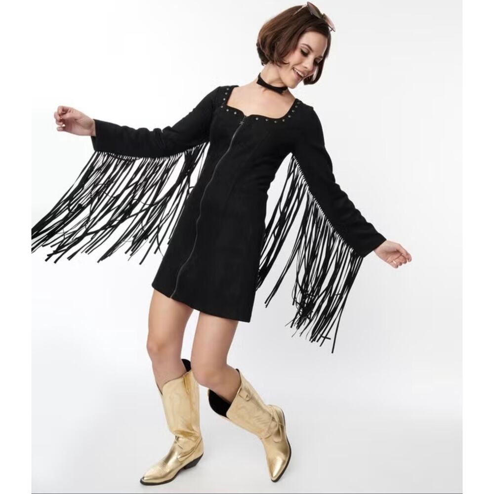 Smak Parlour Black Western Faux Suede Fringe Shift Dress XS NWOT
